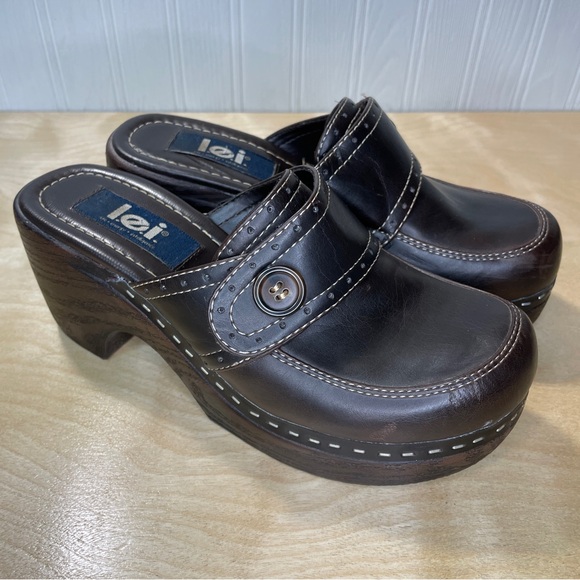 Vintage 90s lei Cluttch Chunky Heel Platform Clogs - Brown - Picture 1 of 13